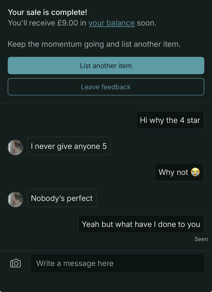 A Vinted post showing a conversation where a seller receives a 4-star rating because the buyer never gives 5 stars.