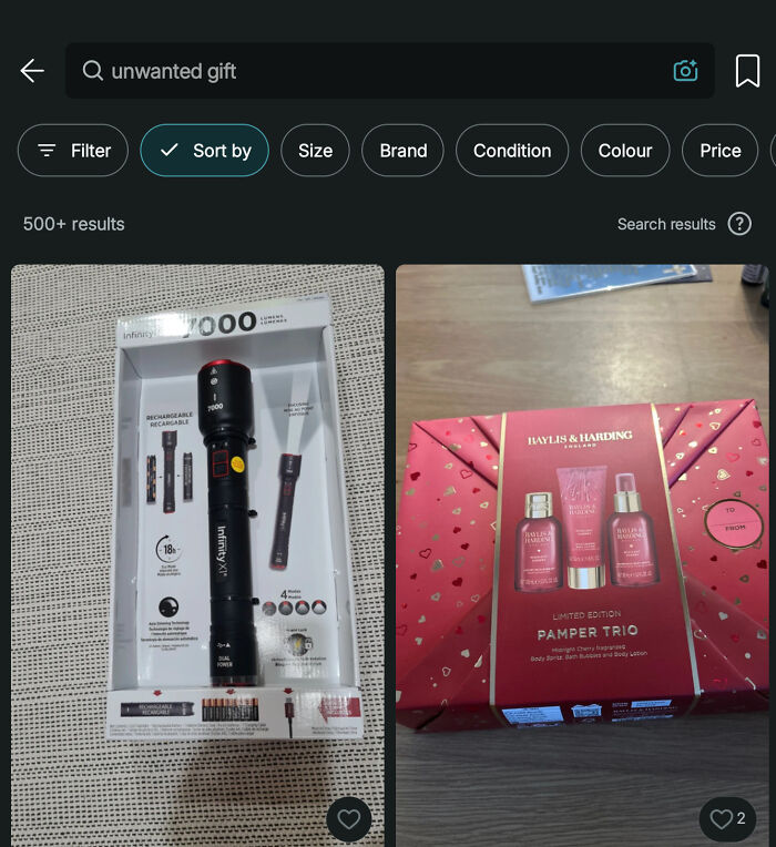 Vinted posts of an unwanted gift search: a flashlight and a pamper trio. An unhinged Vinted post about selling gifts.