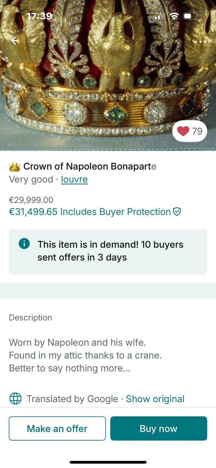 A Vinted post selling the Crown of Napoleon Bonaparte for almost €30,000, found in an attic, an unhinged Vinted post.