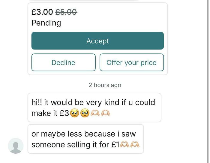 A screenshot of unhinged Vinted posts, showing a buyer asking for a price reduction to £3 or less, citing another seller's £1 price.