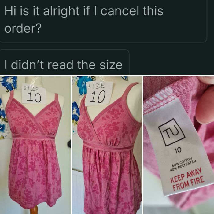 A Vinted post showing a pink floral top with size tags, highlighting a buyer's request to cancel an order after not reading the size.