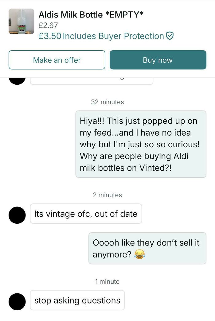 A Vinted post displaying an empty Aldi milk bottle for sale, with a conversation questioning why people are buying such items.