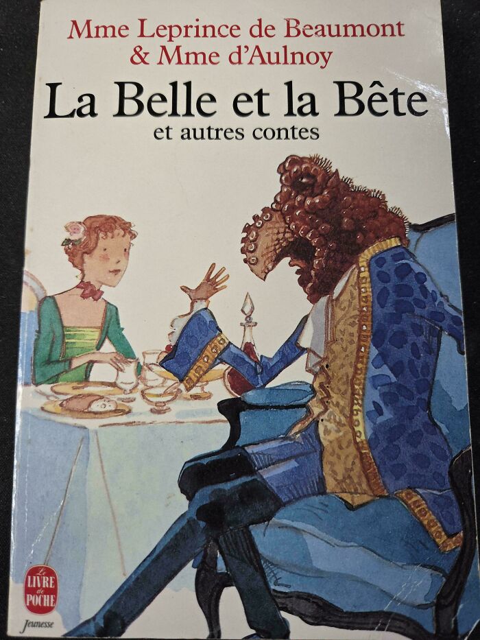 A strange and unhinged book cover illustration of Beauty and the Beast