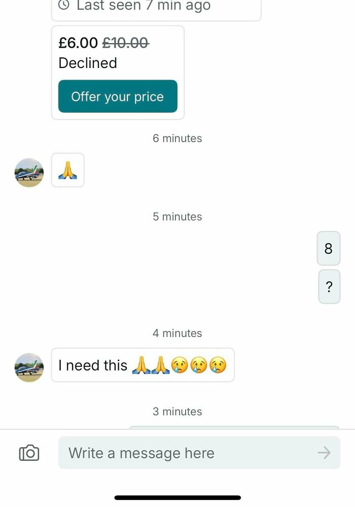 A Vinted conversation showing a declined offer and persistent messages from a buyer using emojis, expressing a strong desire for an item.