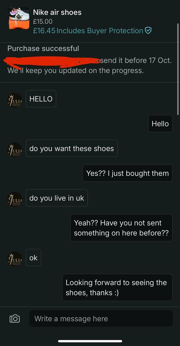 A Vinted chat log with a seller repeatedly asking if the buyer wants Nike Air shoes and if they live in the UK, after a successful purchase.