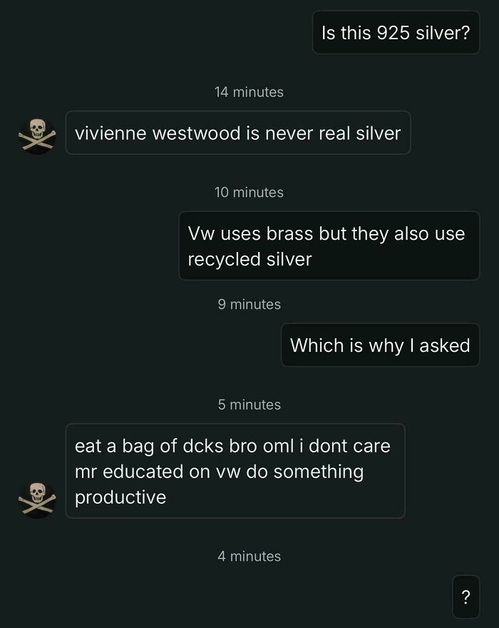A Vinted chat about Vivienne Westwood jewelry, with a user asking if it's 925 silver and receiving an unhinged, rude response.
