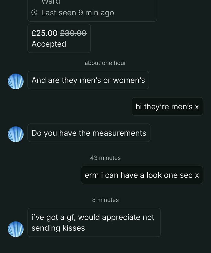 A screenshot of unhinged Vinted messages, ending with a buyer telling the seller not to send kisses, highlighting awkward Vinted posts.