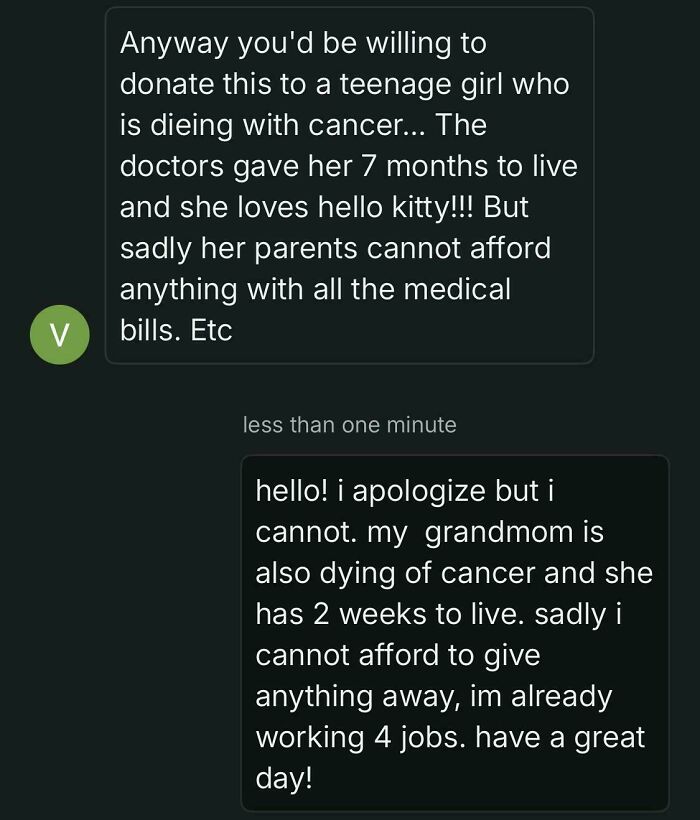 An unhinged Vinted post screenshot showing a buyer asking for a donation for a girl with cancer, met with the seller's equally sad personal story.