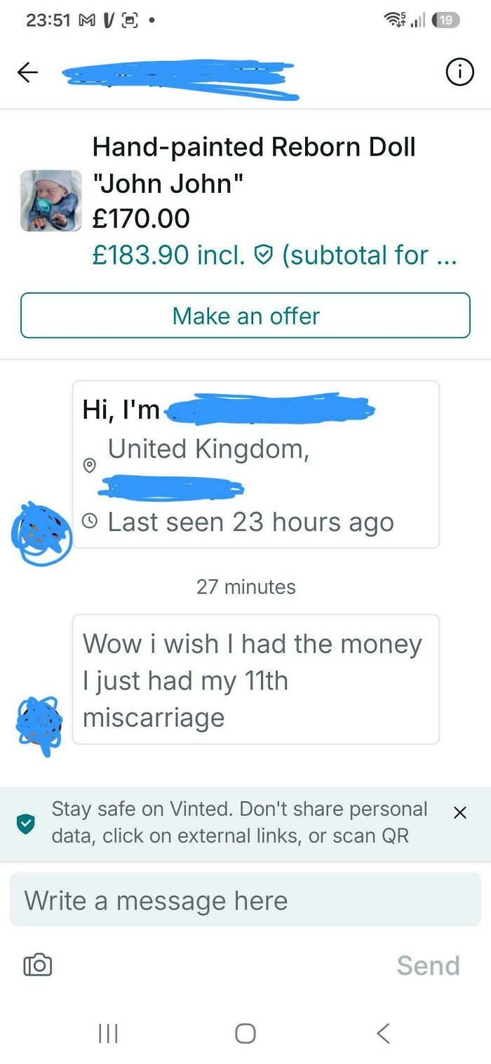An unhinged Vinted post with a deeply personal and unexpected message about a miscarriage in response to a doll.