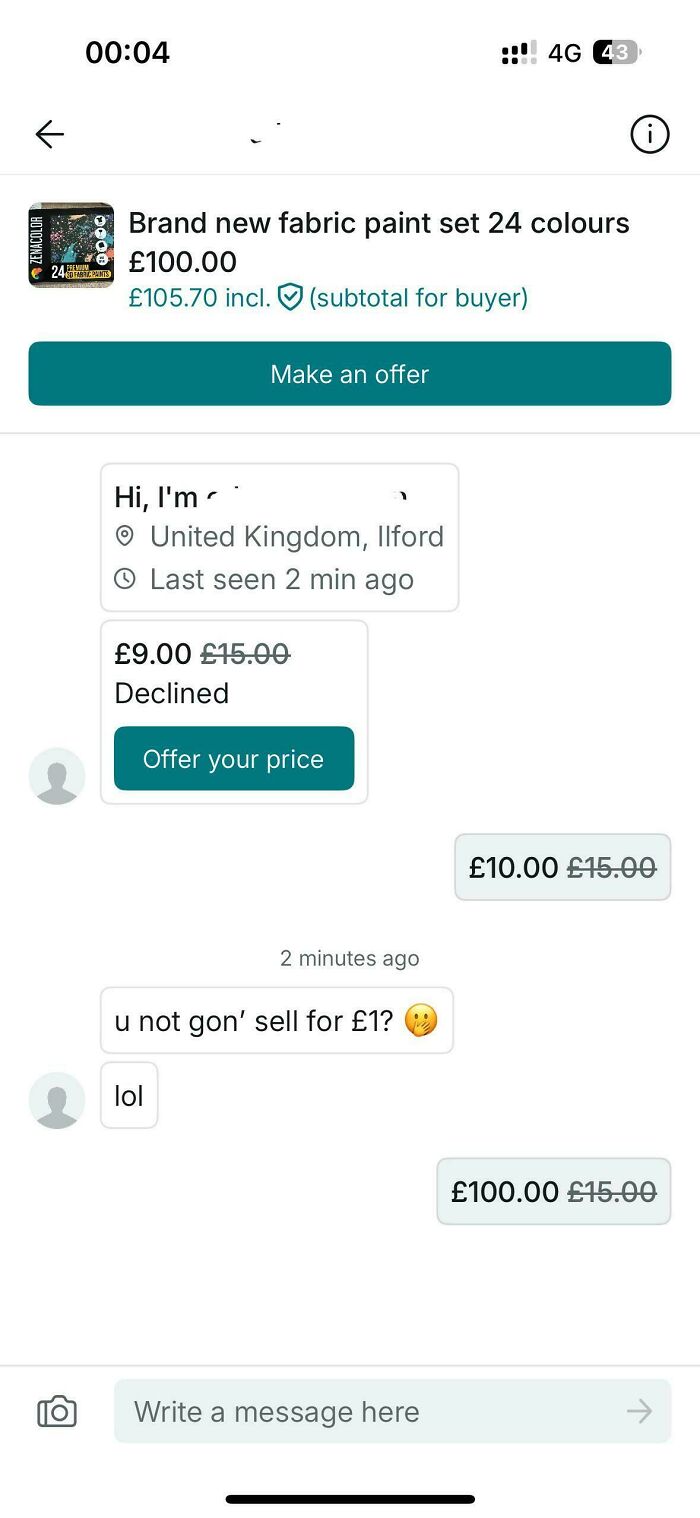 An unhinged Vinted post showing a conversation where a seller declines an offer for fabric paint set.