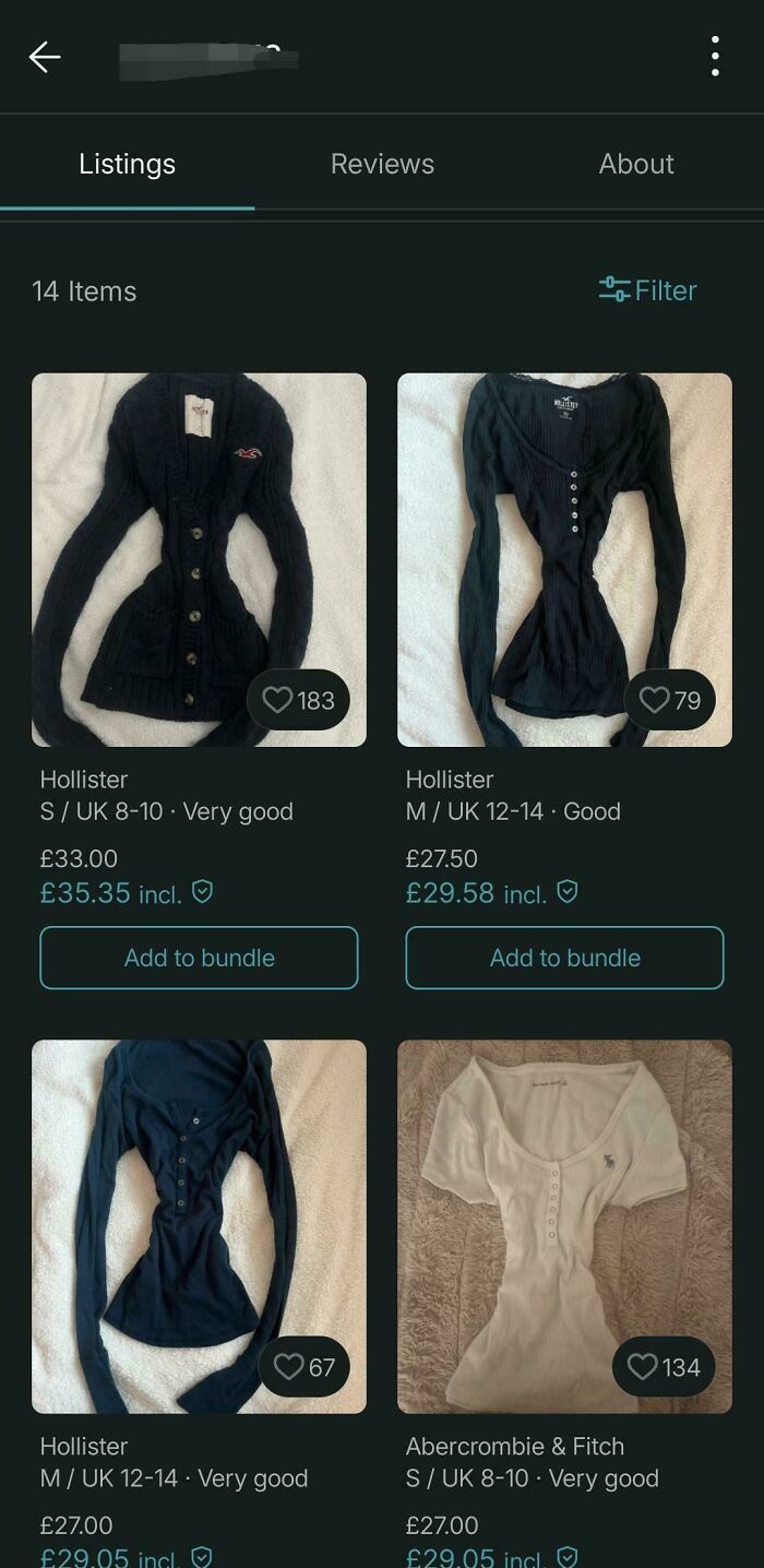 A Vinted post displaying several unhinged Hollister and Abercrombie & Fitch tops on a bed.
