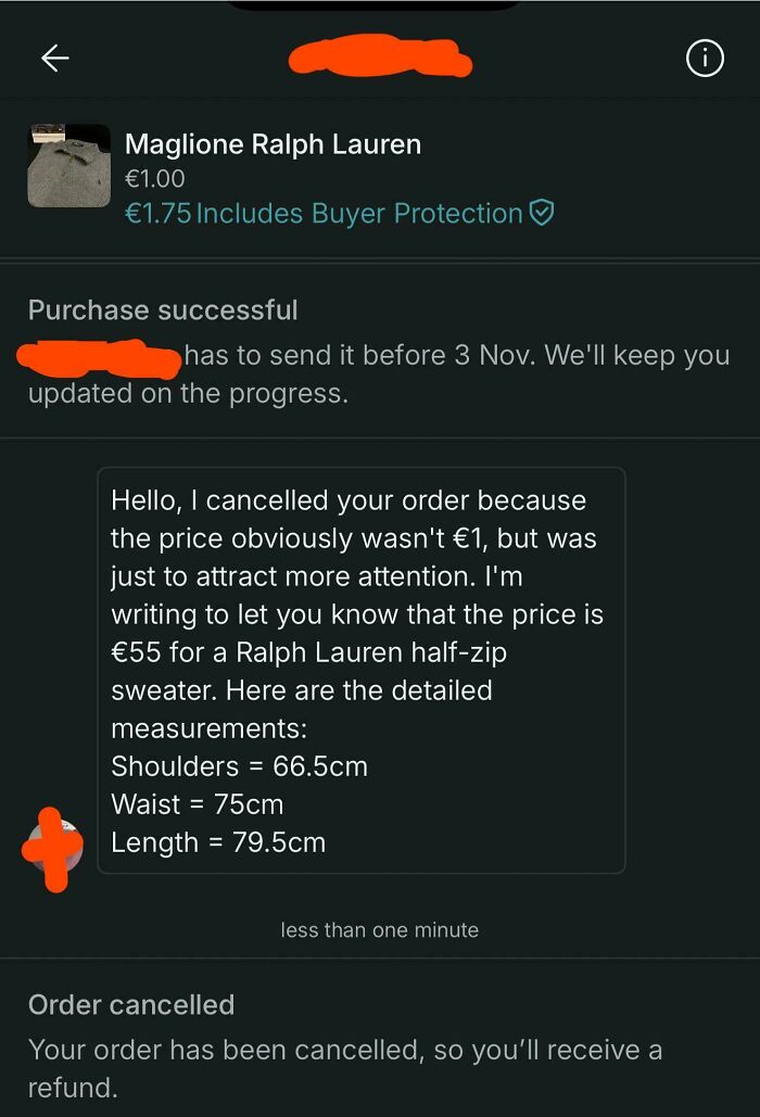 A Vinted exchange showing an order cancellation due to a misleading price for a Ralph Lauren sweater.