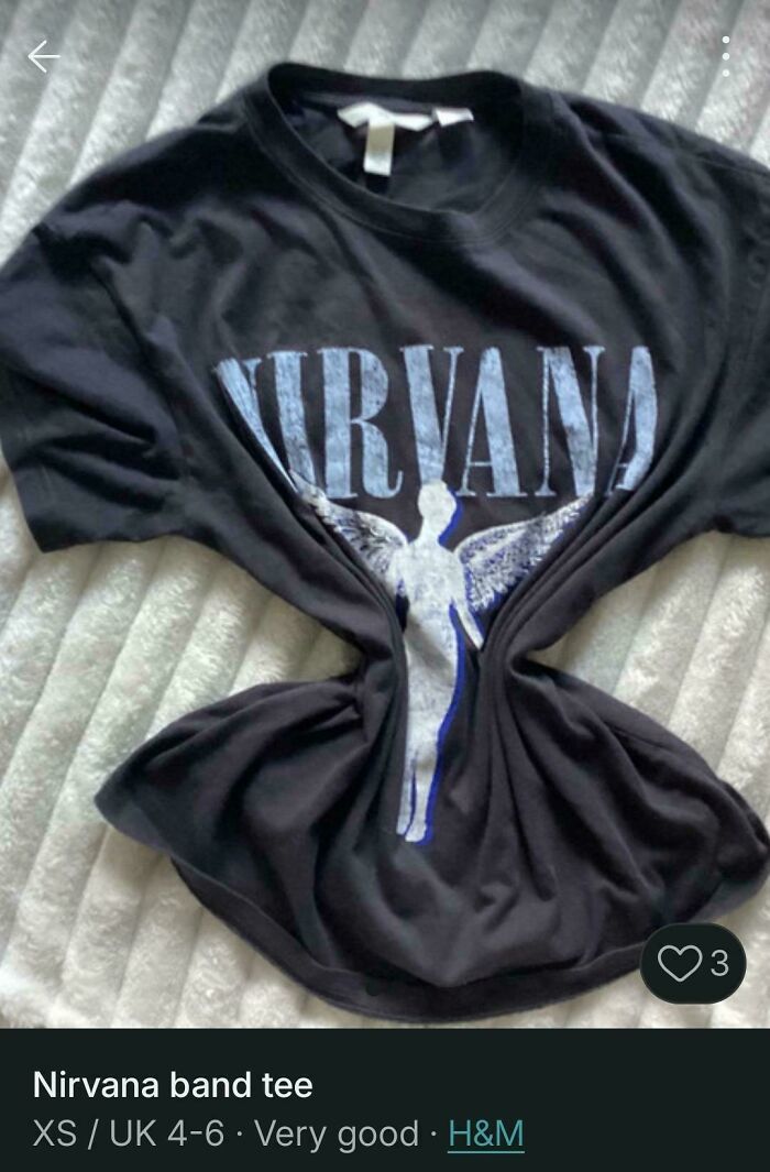 A Vinted post showcasing an unhinged Nirvana band tee with an angel graphic, laid flat.