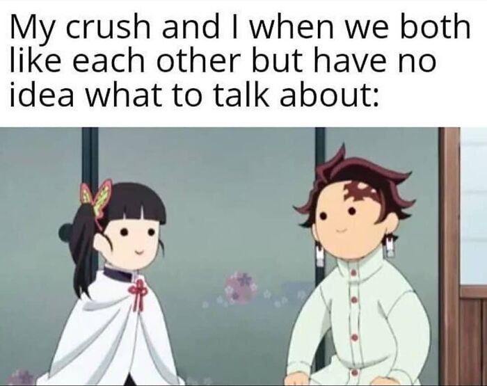 A meme about relationships, featuring anime characters expressing awkwardness when both like each other but have nothing to say.