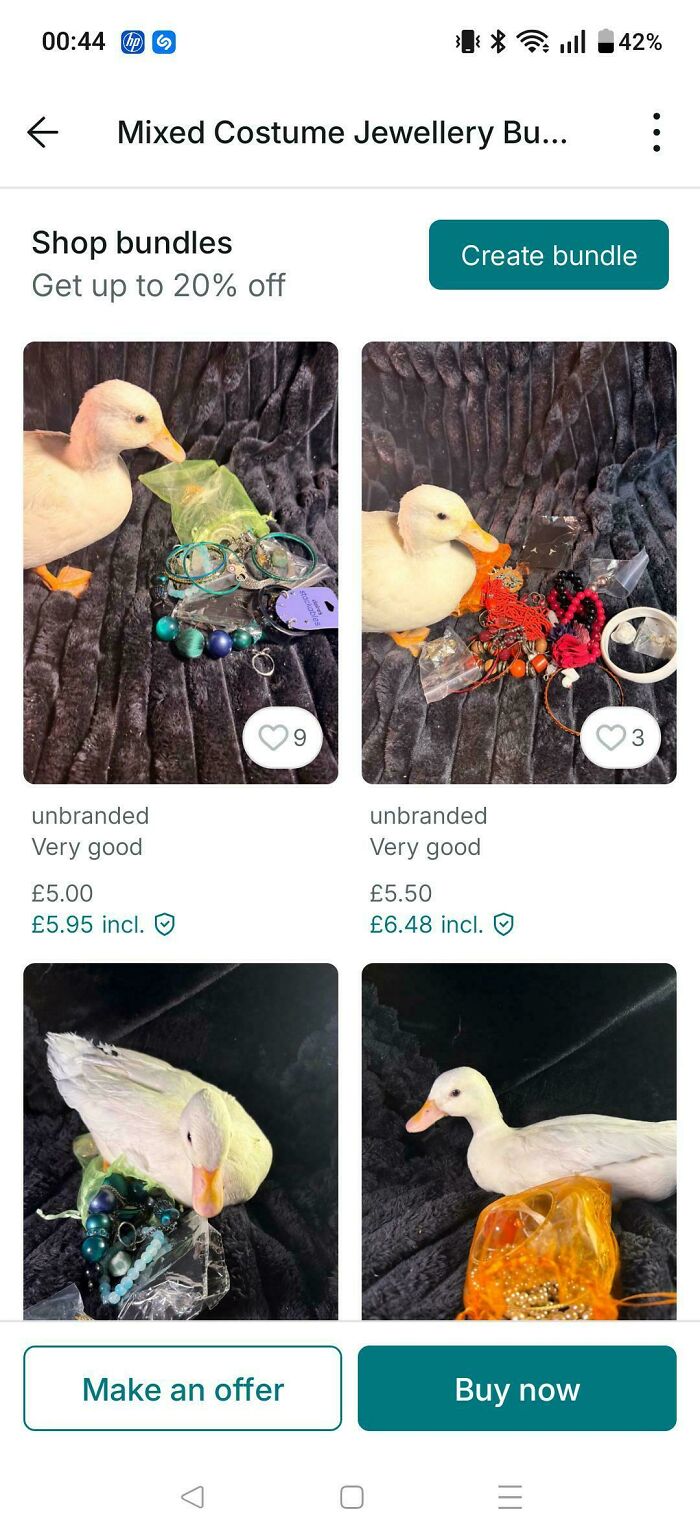 A Vinted post featuring ducks modeling mixed costume jewellery bundles for sale.