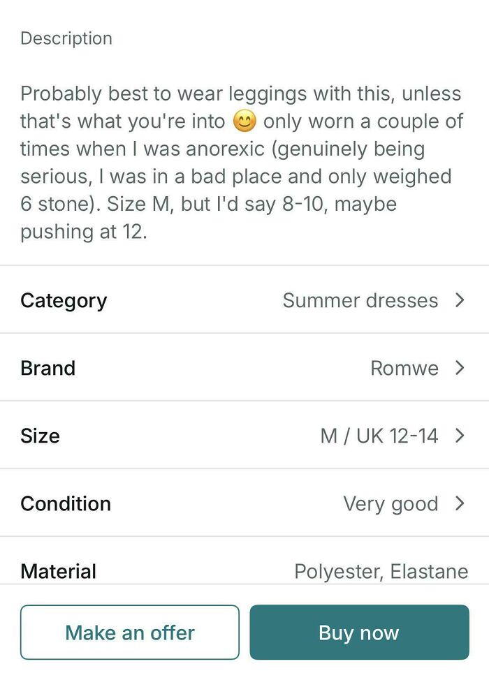 A Vinted description with a problematic detail about the item's previous owner, one of many unhinged Vinted posts.