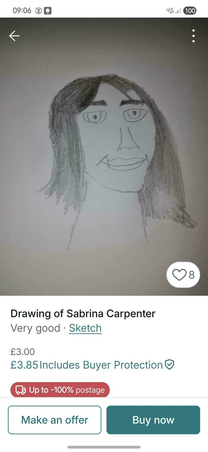 A crude drawing of Sabrina Carpenter, an example of unhinged Vinted posts.