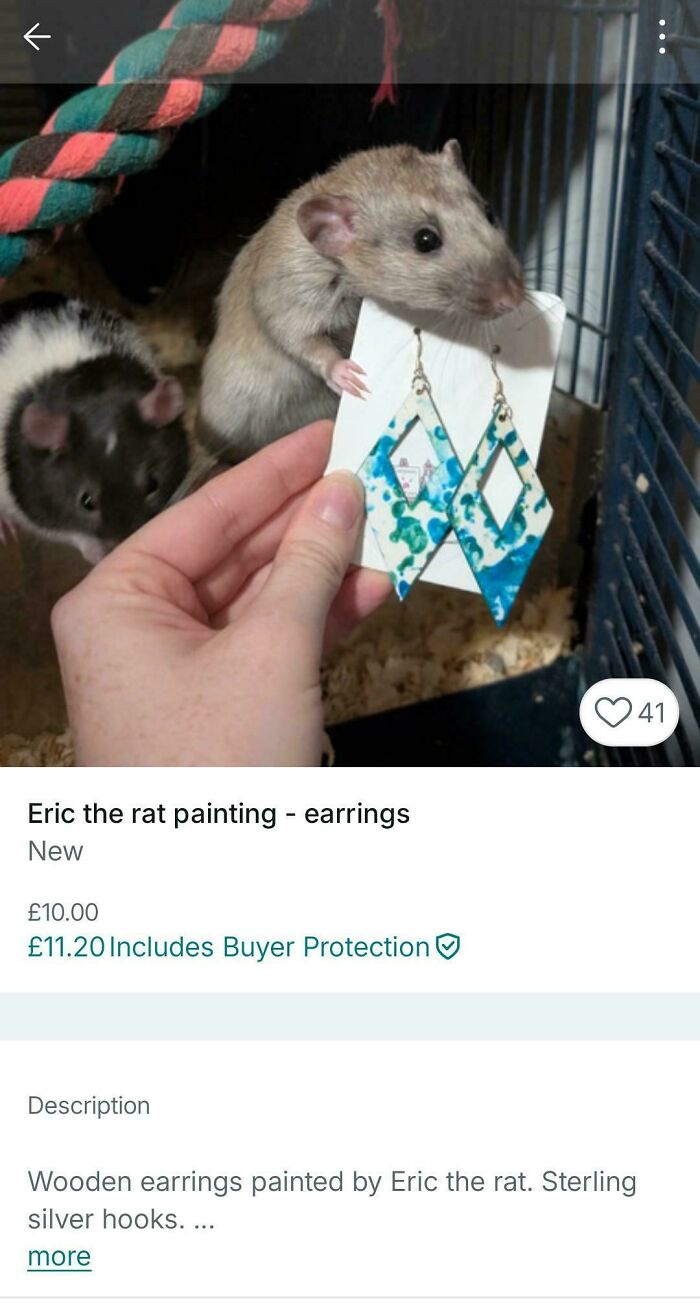 A rat holding up a pair of earrings, showcasing unhinged Vinted posts.