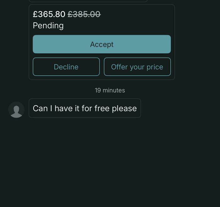 Screenshot of a Vinted post with an offer and a request for free item, highlighting unhinged Vinted posts.