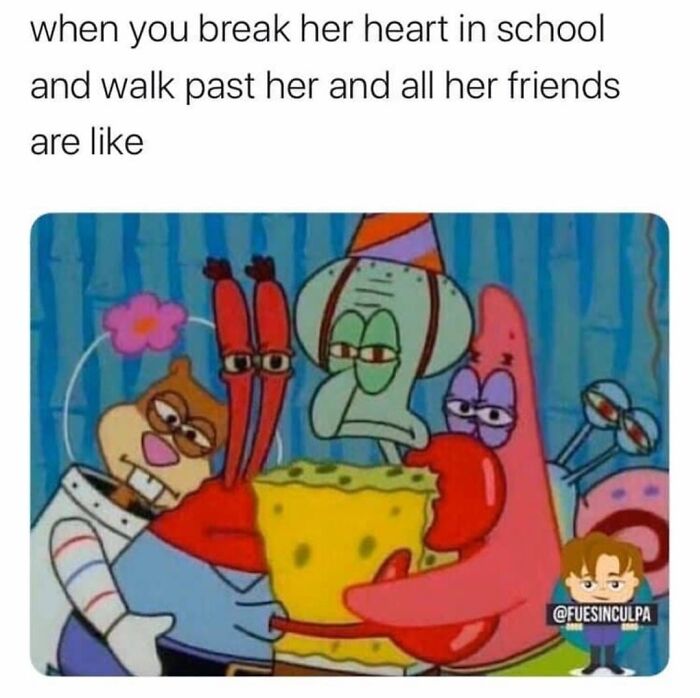 SpongeBob characters comforting Spongebob. Funny memes about relationships, breaking a heart in school.