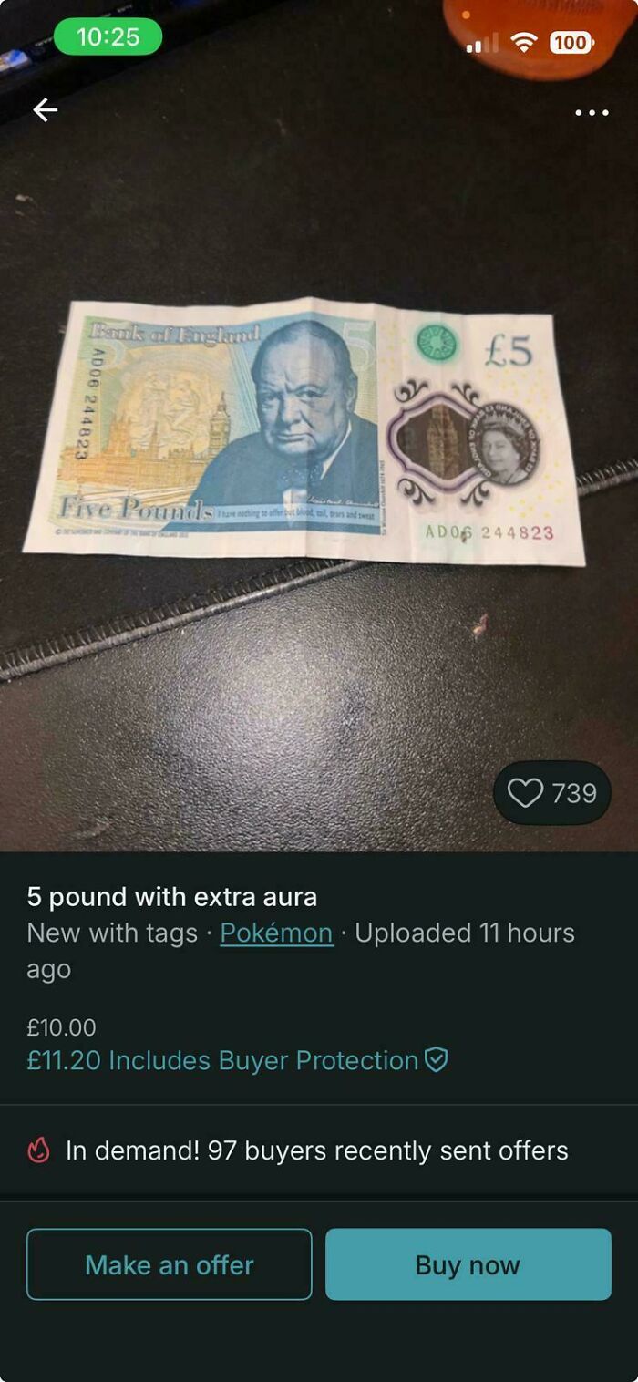 A five-pound note featuring Winston Churchill, with a humorous description of having an extra aura, an unhinged Vinted post.