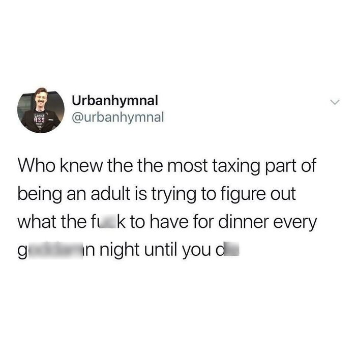 A meme about relationships and life showing a tweet discussing the taxing part of being an adult and figuring out dinner.