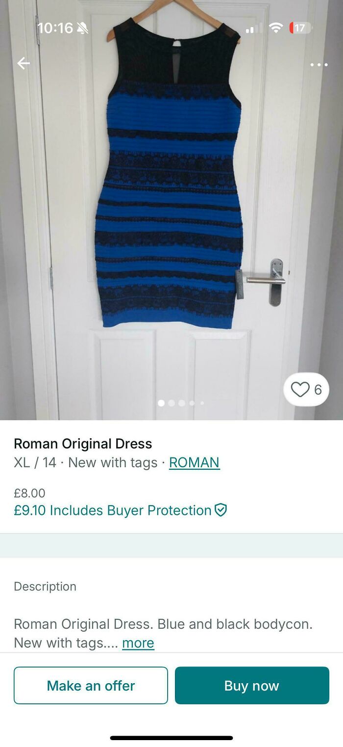 A blue and black dress hanging on a white door, resembling the viral optical illusion, as seen in unhinged Vinted posts.