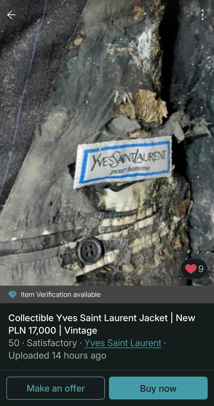 A close-up of a damaged Yves Saint Laurent jacket, showing the brand label and tattered fabric, an unhinged Vinted post.