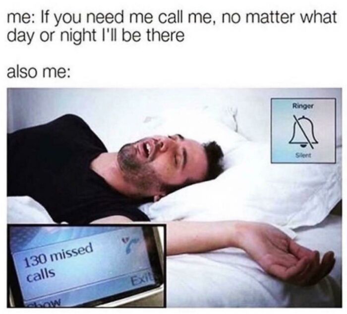 A chuckle-some meme about relationships and life, showing a person sleeping with 130 missed calls and the phone on silent.