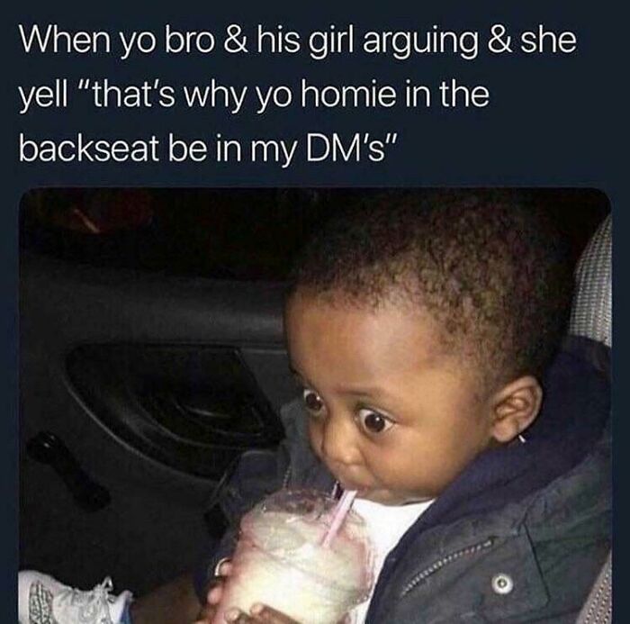 A chuckle-some meme about relationships and life, featuring a surprised child drinking, while adults argue.