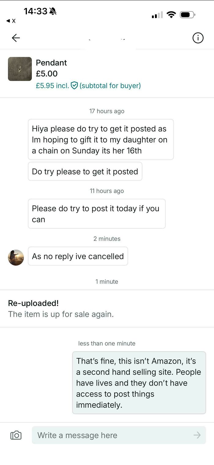 Unhinged Vinted posts showing a conversation where a buyer cancels an order, saying no reply was received.