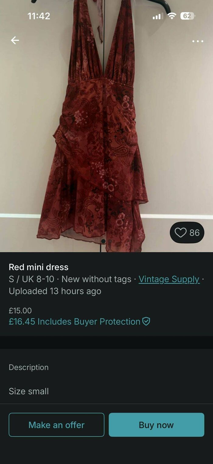 Unhinged Vinted posts displaying a red mini dress for sale, with a plunging neckline and ruffled skirt.