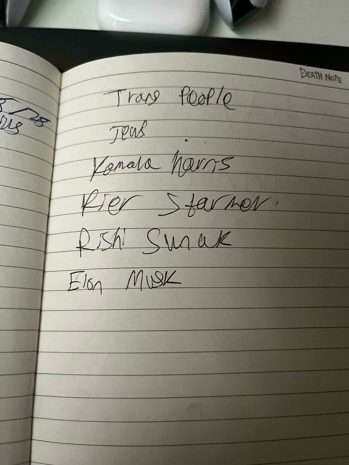 Unhinged Vinted posts featuring a D***h Note with a list of names, including Elon Musk, hand-written.