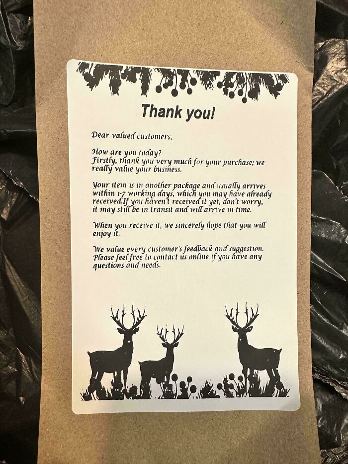 A close-up of an unhinged Vinted post showing a thank you note with deer silhouettes, placed on a brown package.