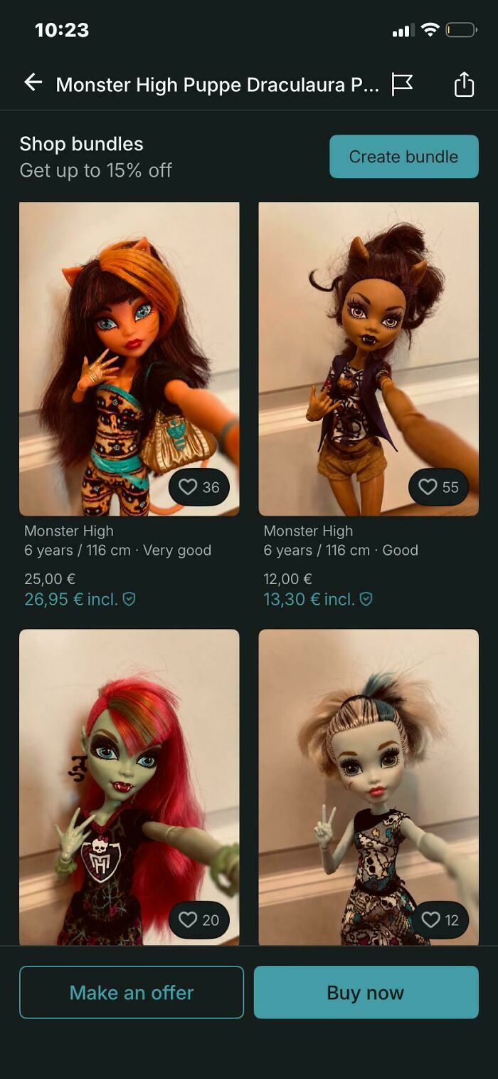 A screenshot of unhinged Vinted posts showcasing various Monster High dolls for sale with prices and likes.
