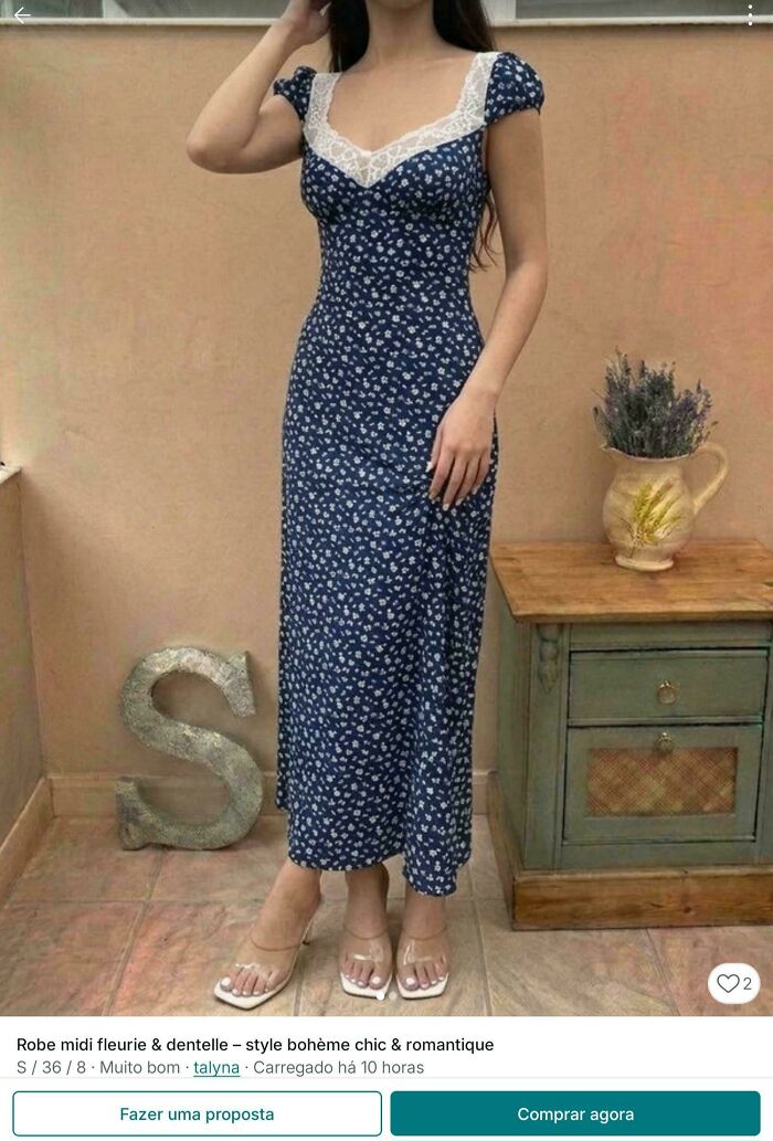 An unhinged Vinted post featuring a woman in a blue floral midi dress with white lace detail, showcasing the item.