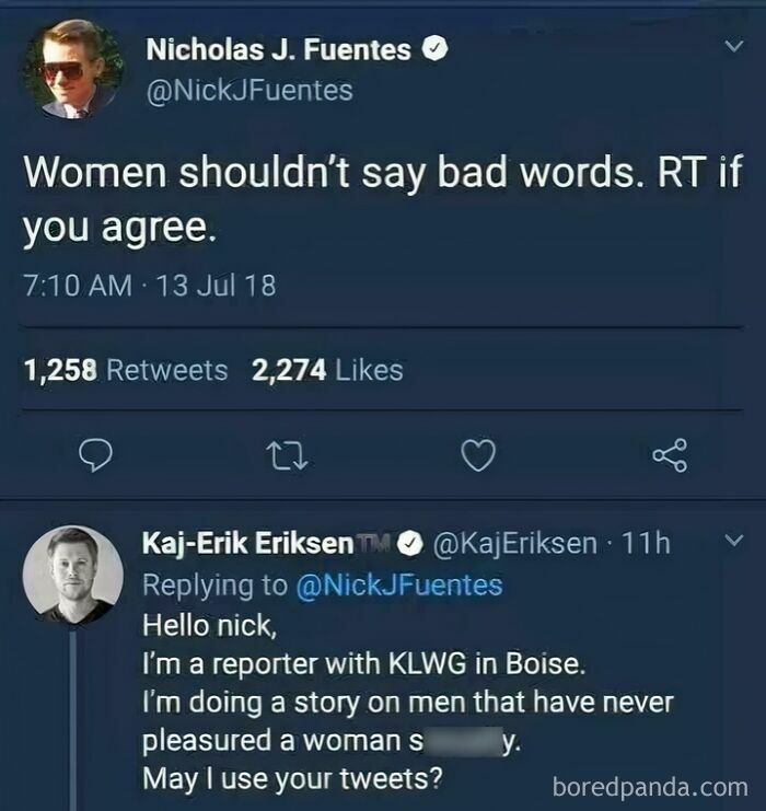 A screenshot of Nicholas J. Fuentes' tweet about women not saying bad words, followed by an infuriating, sarcastic reply from a reporter.