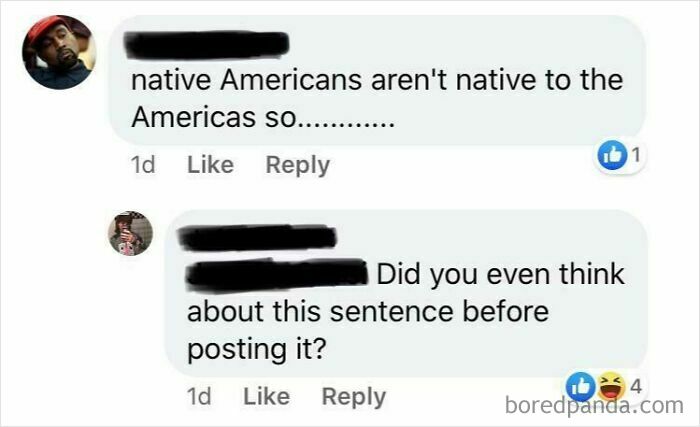 A screenshot of unbelievably stupid comments on Native Americans not being native to the Americas, showing people's infuriating ignorance.