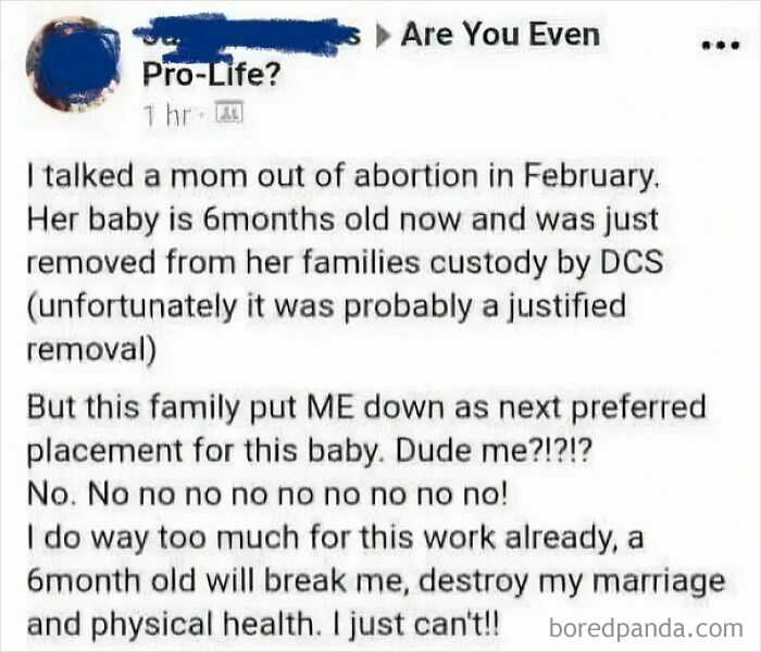 A screenshot of a post from a Pro-Life person regretting talking a mom out of abortion, highlighting an unbelievably stupid situation.