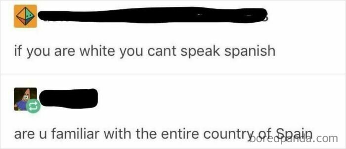 A text conversation with unbelievably stupid statements about white people not speaking Spanish and replies questioning them.