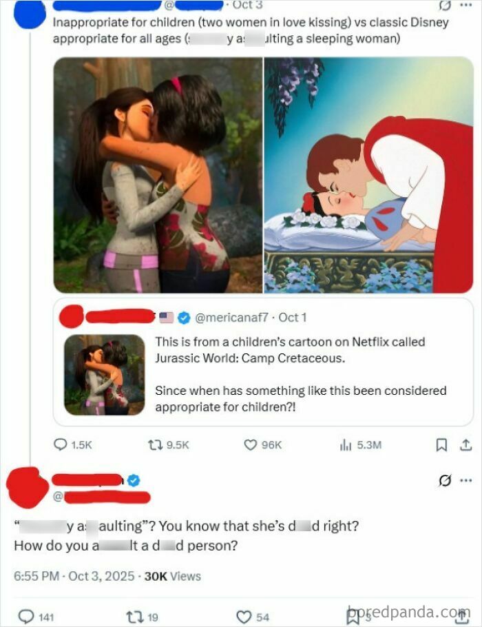Side-by-side images of an animated same-s*x kiss and Prince Charming kissing Snow White, sparking unbelievably stupid debate about children's appropriateness.