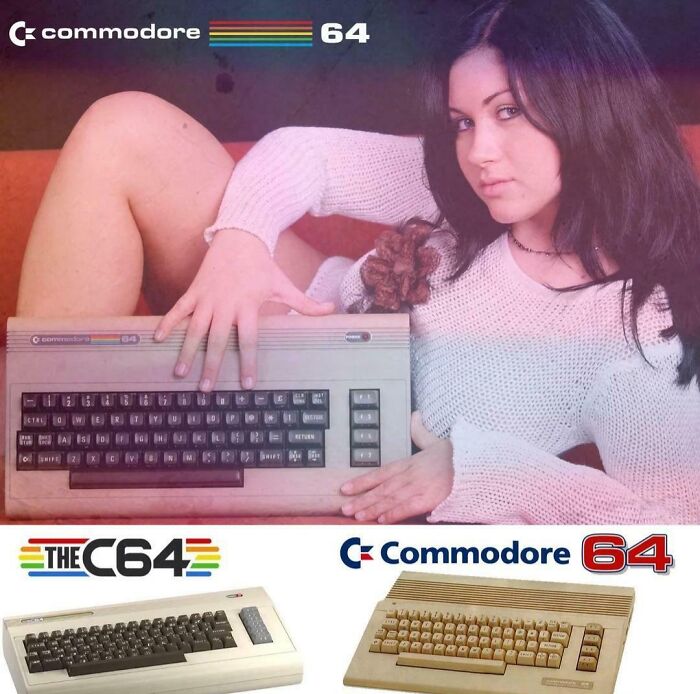 Woman in an '80s retro tech photo with a Commodore 64 computer, highlighting vintage computing and fashion.