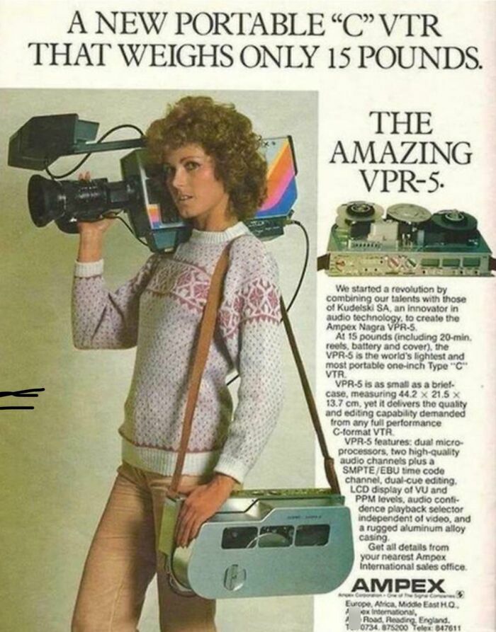 Retro tech photo featuring a woman holding a large 80s portable video camera and recorder.