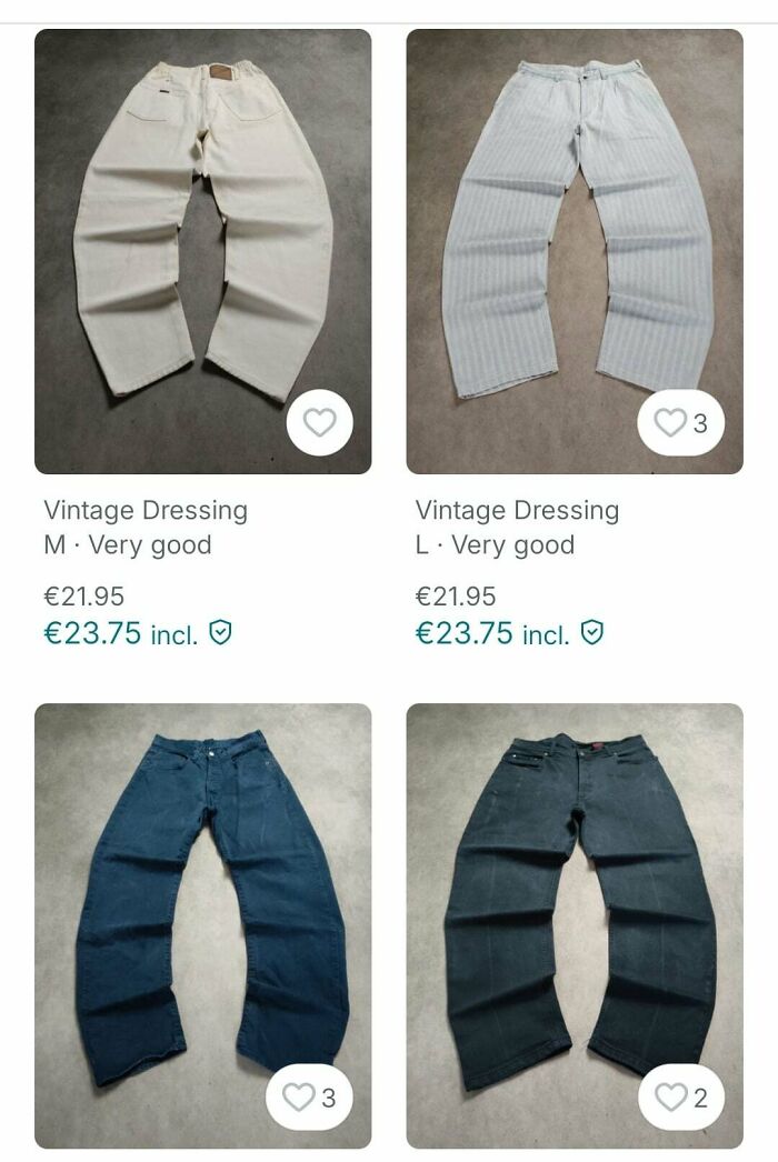 Four pairs of unusually shaped vintage dressing pants displayed for sale on Vinted, showcasing unhinged Vinted posts.