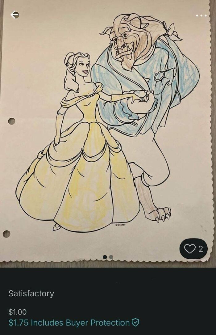 A hand-colored drawing of Belle and the Beast from Disney's Beauty and the Beast, offered on Vinted.