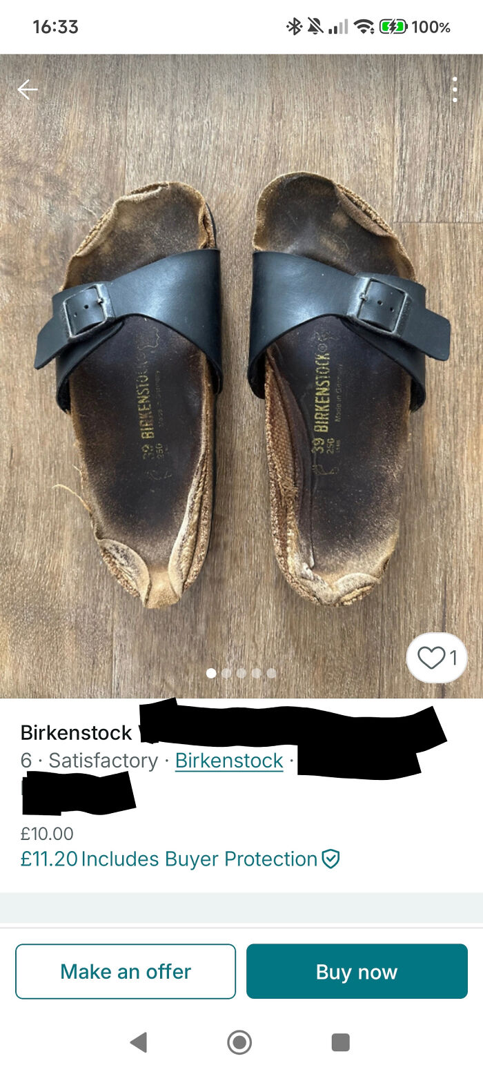A pair of extremely worn out Birkenstock sandals listed on Vinted, highlighting unhinged Vinted posts.