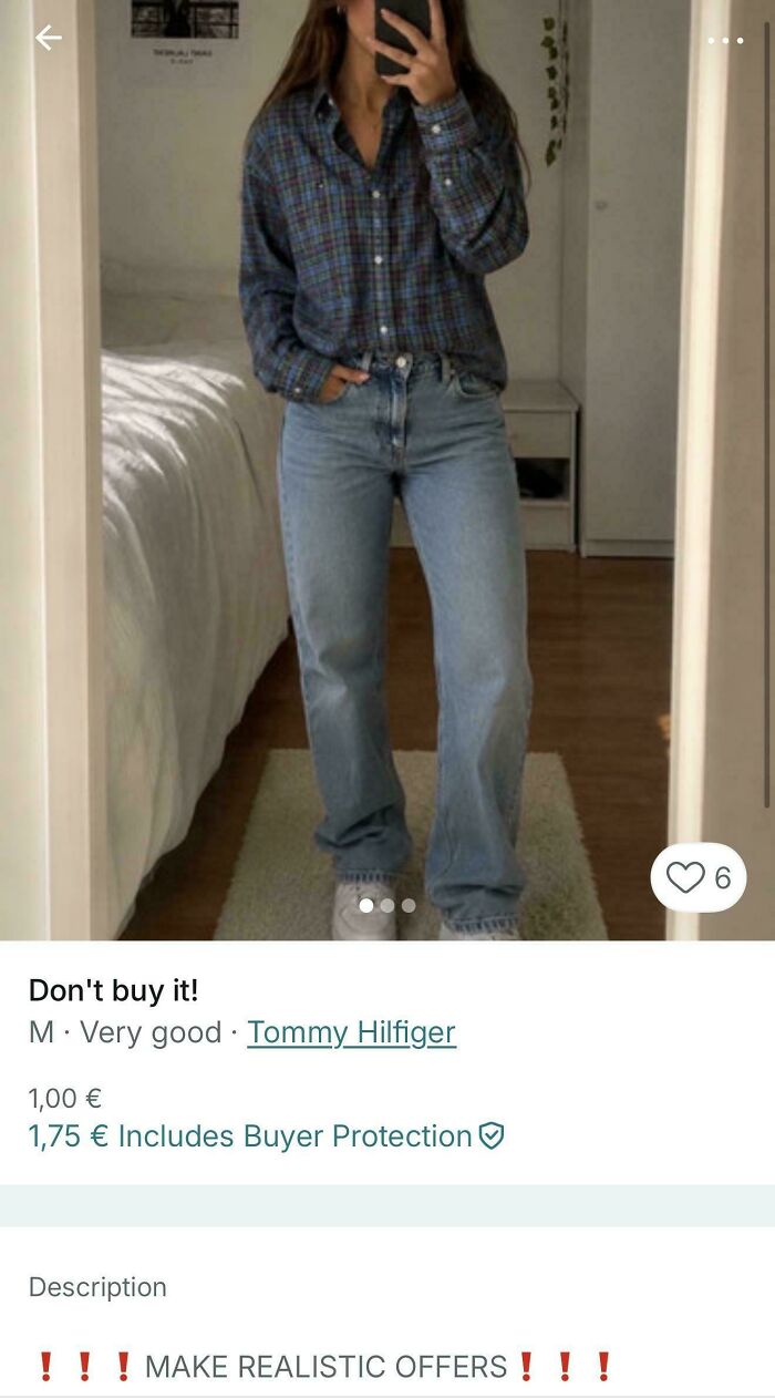 A Vinted post showing a woman in a plaid shirt and jeans, labeled Dont buy it!