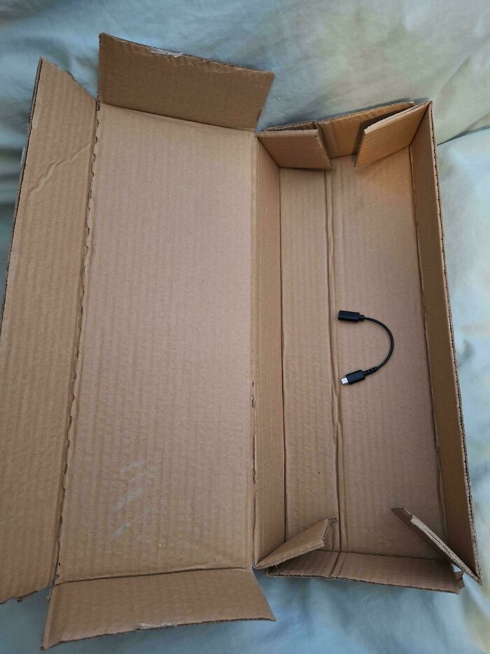 An empty Vinted delivery box with a small black cable, part of unhinged Vinted posts.