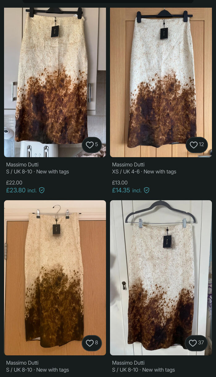Four unhinged Vinted posts showing Massimo Dutti skirts with an unusual brown pattern at the bottom.