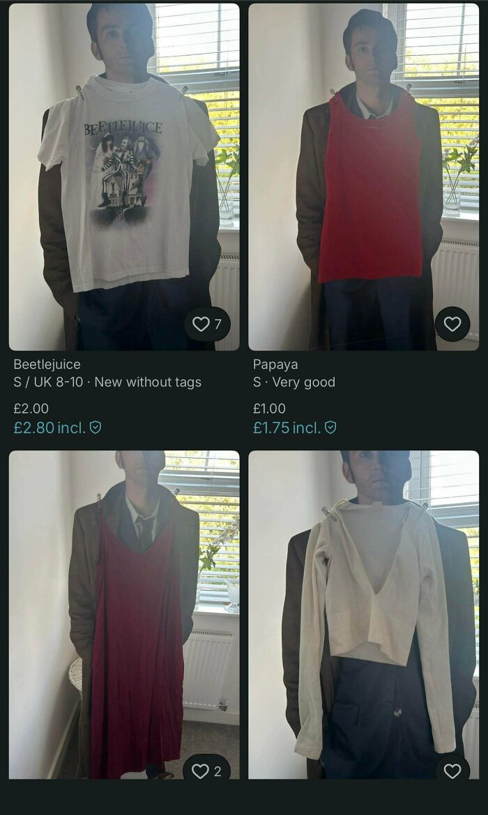 Four unhinged Vinted posts showing a mannequin with various clothes for sale including a Beetlejuice shirt.